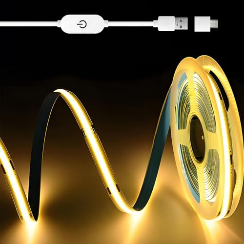 TOTHDATE 5M USB COB LED Lichtstreifen, Warmweiß Licht 320 LEDs/M, Selbstklebender, Dimmbarer Lichtstreifen für TV Treppen Küchenschränke Make-up-Beleuchtung