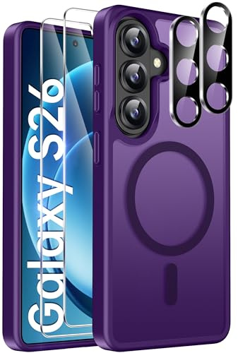 ivencase Magnetic for Samsung Galaxy S26 5G Case with 2 Pack Screen Protector and 2 Pack Camera Lens Protector, Compatible with MagSafe, Shockproof Protective Translucent Matte Back Case -Dark purple