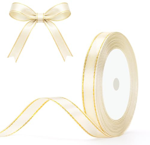 G2PLUS Ruban Satin Ivoire avec Bord Doré: 10mm x 22m | Ruban Cadeau pour Emballage, Décoration de Mariage, Bouquet et DIY