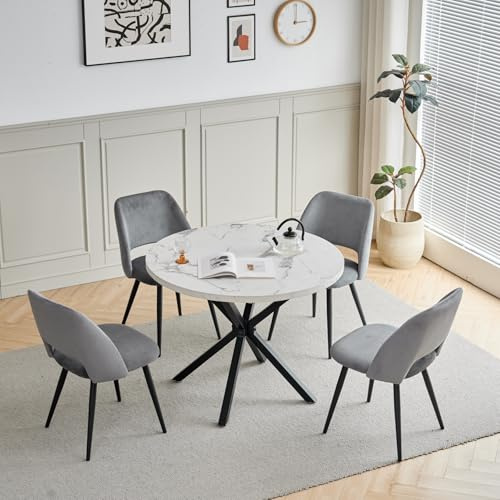 JZGORC Esstisch und Stuhlset, 100 cm Runder MDF Esstisch, 4 Gepolsterte Küchenstühle aus Cord mit Hohlrückenlehne, für Esszimmer, Wohnzimmer, Küche (Marmormuster-BK+ Grau)