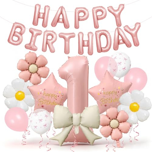 Geburtstagsdeko 1 Jahr Mädchen, Gänseblümchen Deko mit Rosa Ballons | Geburtstag Mädchen Set mit Folienballon, Happy Birthday Ballon und Blumen Partydeko für eine zauberhafte Feier