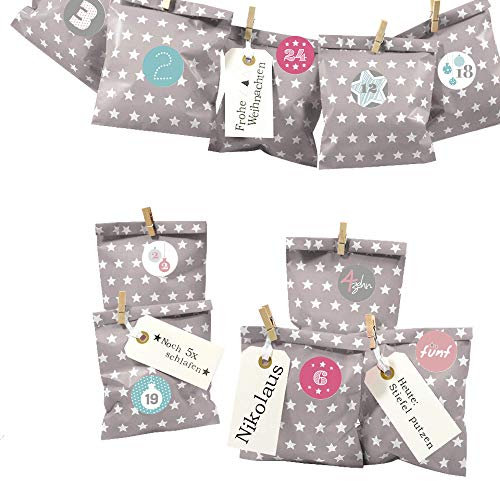 Frau WUNDERVoll® DIY Adventskalender zum Befüllen Bescherung, grau/taupe - weiße Sterne Papiertüten 13x16,5cm, Ziffern pastell/Weihnachten Aufkleber Advent Kalender Kinder Geschenkbeutel