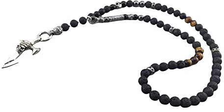 Halskette Y-Kette Rosenkranz Lavaperlen Onyx Tigerauge, Schmuck für Herren oder Damen schwarz braun mit Anhänger, Perlenkette Designerkette Totenkopf Skull Schädel R14