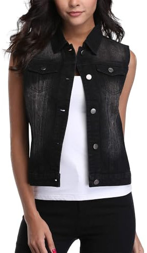 Miss Moly Kurze Jeansweste Damen Ärmellose Jacke Beiläufig Jeans Outwear Schwarz - S