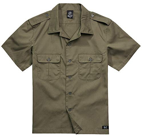 Brandit Herren-Kurzarmhemd aus US-Ripstop, Hemd im Militärstil mit Knopfleiste, Hemd aus Baumwollmischung, mit Brusttaschen & Schulterklappen,Outdoor-Hemd im Casual-Workwear-Stil, O-XL