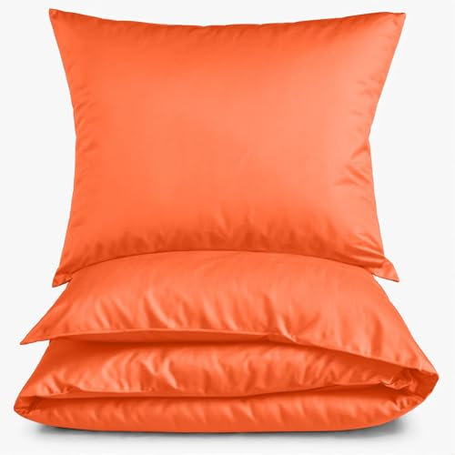 Carpe Sonno Mako Satin Bettwäsche 135x200 cm Uni Orange - Hotelbettwäsche aus 100% Baumwolle robuster Reißverschluss - Hotel Bettgarnitur Set 2teilig Bettzeug mit 1 Kopfkissenbezug 80 x 80 cm