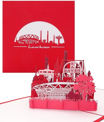 Pop-Up Karte „Leverkusen – Skyline mit Stadion“ 3D Grußkarte als Postkarte, Souvenir, Gutschein & Fanartikel - Karte mit Umschlag