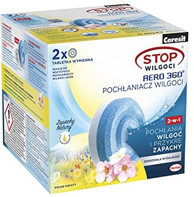 Ceresit STOP Feuchtigkeit AERO 360° Wiesentabletten Blumen Feuchtigkeitsabsorberpatronen, moderne Feuchtigkeitsabsorbierende Tabletten, saugfähiger Geruchsneutralisierer, 2x450g