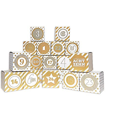 Frau WUNDERVoll® DIY Adventskalender Vorfreude zum Befüllen,Faltschachteln 12x gold Sterne,12x gold Streifen 7x7x7cm(gefaltet),XL Ziffern gold/Weihnachten,Aufkleber,Würfelbox,Schachteln