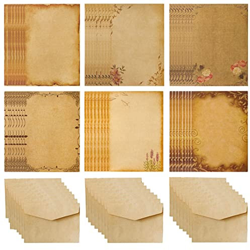HCRXVV 48 Briefpapier mit 24 Umschlag,Vintage Papier mit Briefumschläge, Din A5 Pergamentpapier Altes Papier umschläge Set,Beidseitig Bedruckt,Geeignet für Urkundenpapier Liebesbrief Papier