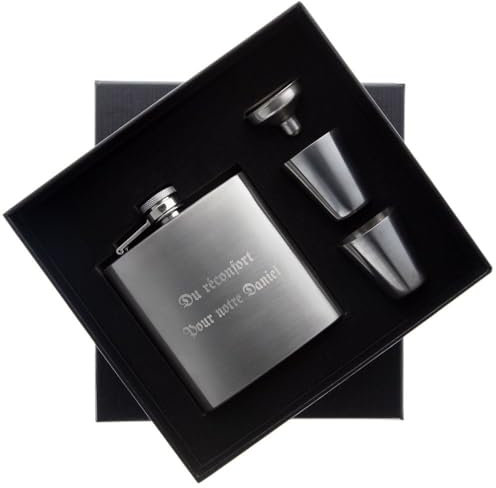 Personalisierbarer Flachmann für Spirituosen mit Textgravur - Geschenkset mit Whisky-Flachmann aus silbernem Edelstahl mit Gravur