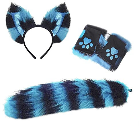 JIAHG Halloween Kostüme Plüsch Katzenohren katzenschwanz Handschuhe Cosplay Set Halloween Handschuhe Haarspange Headwear Damen Halloween Fasching Karneval Cosplay Frauen
