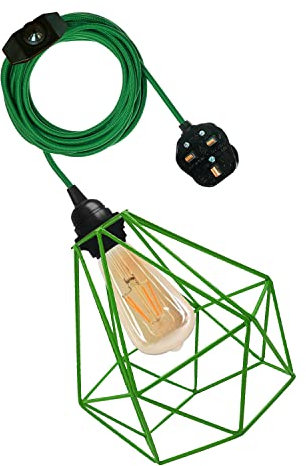 LEDSone Vintage Industrial Diamond Shape Metal Cage Pendant lamp Light for Kitchen Area, Dining Room, 4 Meter of Fabric Cable with Dimmswitch, 3 Pin Plug in Lamp E27 Fitting (Green)