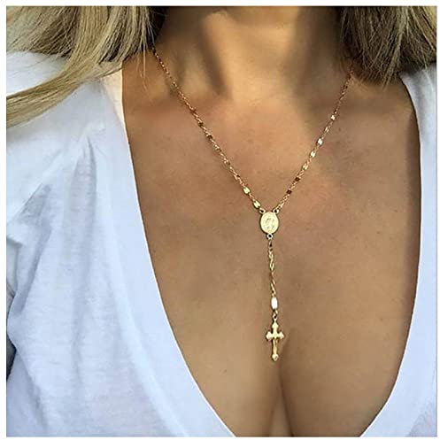 Dervivea Bohemia Cross Lariat Necklace Virgin Mary Pendant Gold Faith Cross Necklace Chain Jewelry for Women and Girls