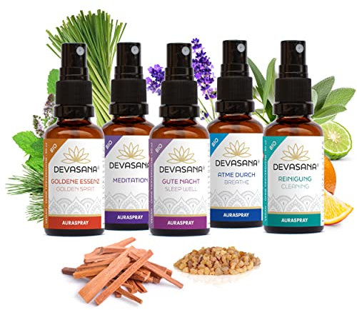 Natürliche Aura Sprays: Gute Nacht, Atme Durch, Goldene Essenz, Meditation und Reinigung in jeweils 30ml, 100% bio ätherische Öle, 100% Vegan