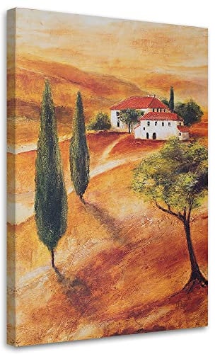 Feeby Bilder 60x90 cm Toskana Haus 1 tlg Modern Vlies Wandbilder Leinwandbilder Bild auf Leinwand Kunstdruck Wand Wanddeko Design Schlafzimmer Flur Wohnzimmer Landschaft Bäume Orange