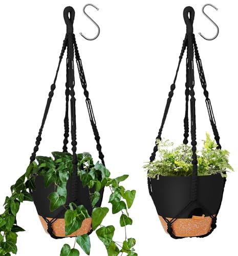 GARDIFE 25,4 cm hängende Pflanzgefäße mit Makramee-Pflanzenhänger für Innen- und Außenpflanzen, 2 Stück, groß, selbstbewässernd, hängender Blumentopf mit Korb, Blumentopf mit Ablaufloch, Schwarz