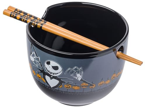 Silver Buffalo Disney Nightmare Before Christmas Scary Jack Skellington Pumpkin Fence Ceramic Ramen Noodle Rice Bowl with Chopsticks, 20 Ounces