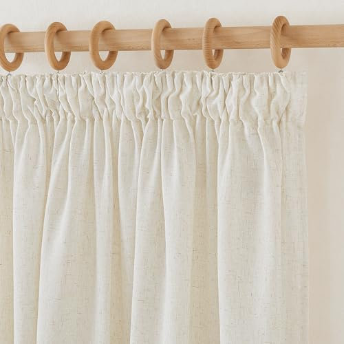 PONY DANCE Kurze Gardinen Halbtransparent Vorhang Leinen Natur H 160 x B 140 cm Leinenoptik Vorhänge mit Kräuselband 2er Set Wohnzimmer Gardinen Leinenoptik Boho Gardine Leinen Beige