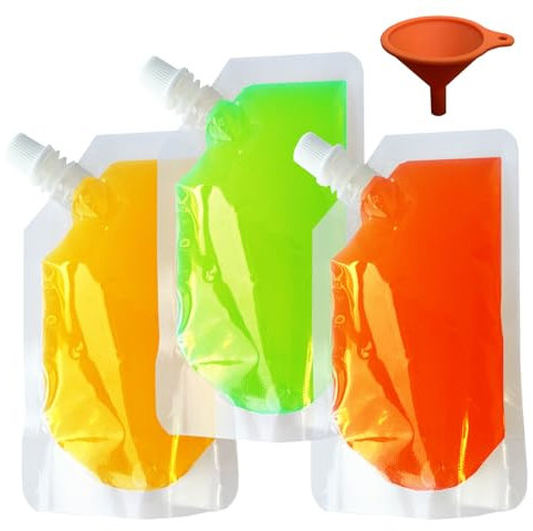 Yelinosk Lot de 20 pochettes transparentes de 250 ml avec bouchons et entonnoir pour festivals, alcool, jus, liquide, sacs à boissons, flasque en plastique pour fêtes, pique-niques, voyages, sports