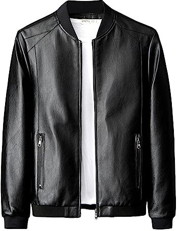 Beokeuioe Men's Faux Leather Jacket with Stand-Up Collar Transition Top Men's Bomber Jacket with Zip Casual Motorcycle Pilot Jacket Classic Leather Jacket, black, M