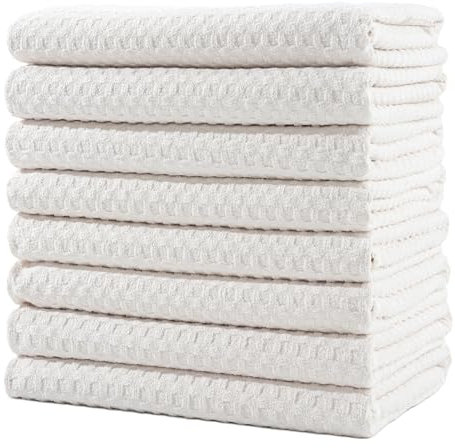 POLYTE Ultra Premium Microfiber Kitchen Dish Hand Towel Waffle Weave, 8 Pack (16x28 in, Off White)