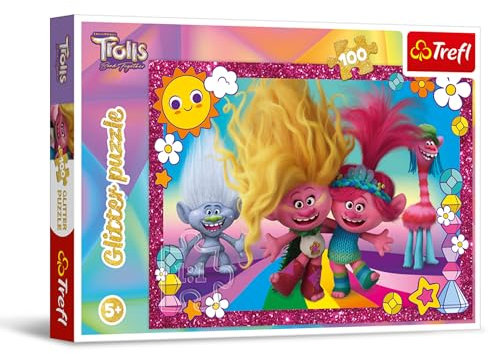 Trefl – Trolls Band Together, Glitzernde Trolle – Glitter-Puzzle 100 Teile – Glitzerndes Puzzle mit Ponys, Kreative Unterhaltung, Spiel für Kinder ab 5 Jahren