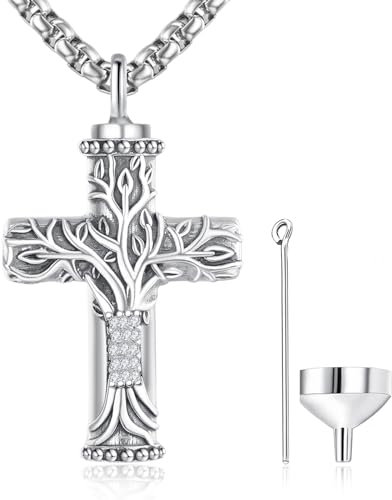 Cross Ash Necklace Sterling Silver Tree of Life Urn Necklace for Ashes Cross Cremation Pendant Jewellery Memorial Gifts for Men