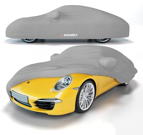 BUSHBOCK® Premium Autoabdeckung Indoor für Porsche o.ä. - Satin Schutzhülle Stoff - Abdeckplane Autoplane Autogarage Innenbereich - 2 Farben, 4 Größen (Silbergrau, M)