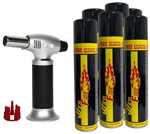 Clearfee Butan Flambierbrenner | inkl. 6x je 300ml Butan Nachfüllgas | 1300°C max. Temperatur, 0.28KW stark | Lötlampe, Küchenbrenner, Bunsenbrenner für Küche, Camping & Werkstatt Brenner