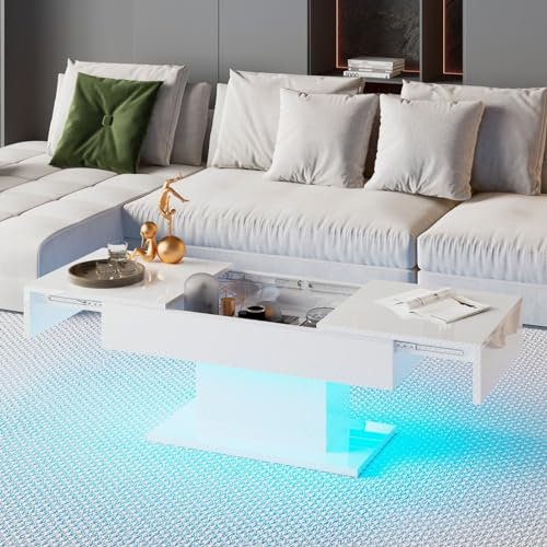 KEEPREAPER Couchtisch Hochglanz ausziehbar, Wohnzimmertisch versenkbar mit Stauraum für Sofa, 108x53x49cm (Weiß)