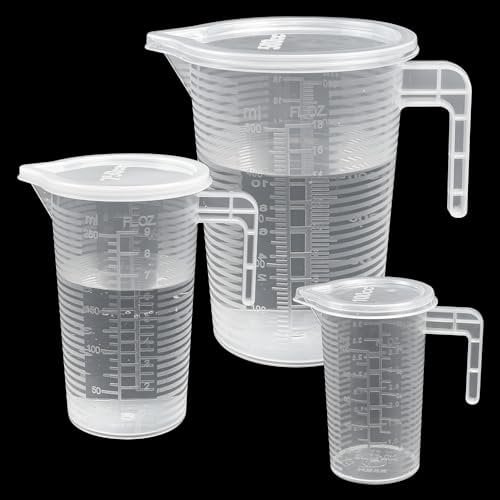 YAANBUNB 3 Pcs Plastic Measuring Jugs, 100ml 250ml 500ml Measuring Cups Clear Liquid Graduated Beaker Heat Resistant Small Measuring Jug Rice Measuring with Handle and Lid for Baking Kitchen Cooking