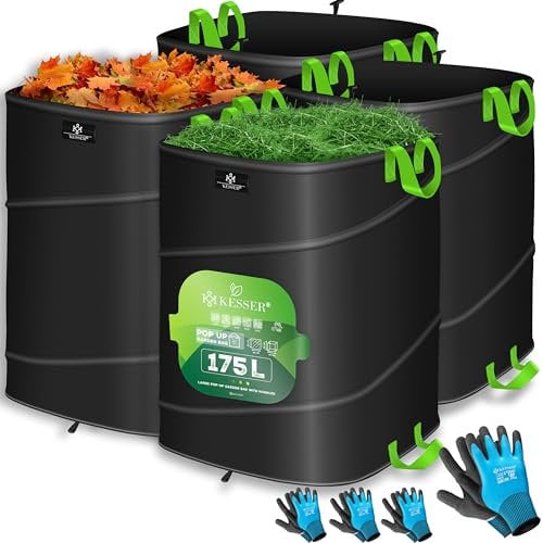 KESSER® Pop-Up-Gartensack 4X 175L Set Laubsack Gartenabfallsack inkl. Handschuhe | Selbststehend mit Griffen Stabil Robust & Faltbar | Laubsäcke Rasenschnitt Gartensäcke für Gartenabfälle Grünschnitt