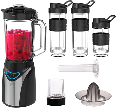 CAMRY-CR4086 Standmixer 500W, Becher 1.2L, BPA frei, Smoothie Maker, Pulse-Crush und Ice-Crush Funktion, Trinkflasche Tritan-Kunststoff Flaschen 3 Stück, Zerkleinerer, Kühleinsatz, Zitruspresse inkl.