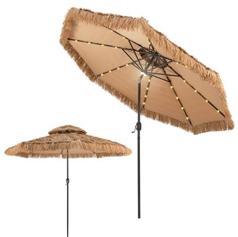 KOMFOTTEU Sombrilla de Playa Ø270/300cm con 33 Luces, Sombrilla Hawaiana de Paja de PE, Parasol de Rafia Inclinable con 8 Varillas, Sombrilla con Doble Techo para Jardín (Ø292 x 252 cm, Con luces)