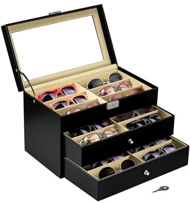 ColdShine Brillenbox für 18 Fächer Brillen Brillenkoffer Sonnenbrillen Aufbewahrung mit Sichtfenster Glasbox aus Kunstleder zur Aufbewahrung von Sonnenbrillen, Glas