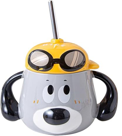 All-Pie 500ml Ceramic Mug, Dog Shaped Cup, Coffee Cup with lid and Straw, Cute (Grey)
