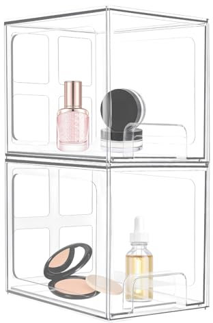 2 Pcs Stackable Storage Drawers, 19.05x15.24x16.7 cm, Plastic Bathroom Storage Drawers with 16 Non-Slip Mat, Waterproof Storage Boxes with Lids, Clear Makeup Drawer Organiser for Vanity Desktop (A)