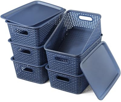 Storage Baskets with Lids, Rectangular Storage Boxes with Lids Pantry Organization and Small Plastic Basket for Shelves Desktop Drawer Closet Bathroom Bedroom,6 Pack-Blue