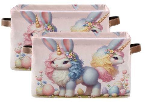 Niedliche Osterhase Einhorn Aufbewahrungskörbe, faltbare Aufbewahrungsbox mit Ledergriffen, Würfel-Organisatorboxen für Kleideraufbewahrung, Spielzeug Aufbewahrung Buchaufbewahrung, 2 Stück