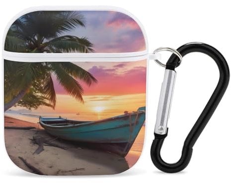 Beach Boat Sunset Earphone Case PC Bluetooth Headphone Case Compatible with Airpods 1/Airpods 2 White-style