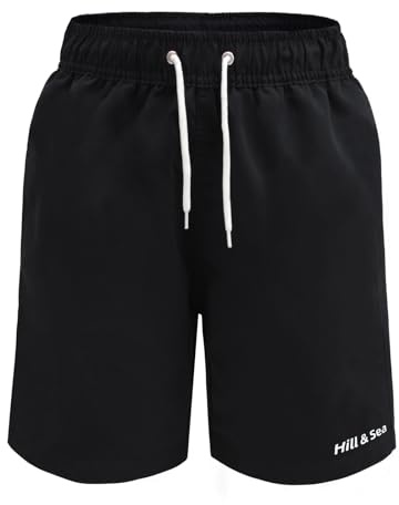 Hill & Sea Bañador para niño, pantalón Corto de Surf de Secado rápido, Transpirable, Repelente al Agua, con Forro de Malla, Bolsillos y cordón Ajustable, Negro 164