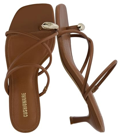 CUSHIONAIRE Maui Strappy Womens Sandals with Kitten Heels – Vegan Leather Slip On Dress Sandals for Women 2025, Square Toe Wedding Shoes, COGNAC 9