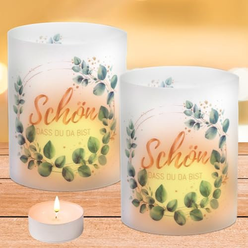 12 Stück Windlichter Tischdeko, Schön DASS du da bist, Windlicht Kommunion Eukalyptus Grün, Windlicht Tischdeko Lichthülle für Hochzeit, Geburtstag, Firmung, Taufe Teelichter, Kerzen