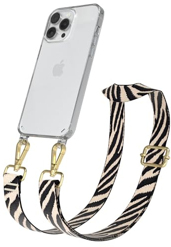 EAZY CASE Handykette - Verstellbares Taschenband kompatibel mit iPhone 14 Pro Max, Schulterriemen, Handykordel mit Silikon Hülle, Umhängetasche, Zebra - Schwarz Beige Gold