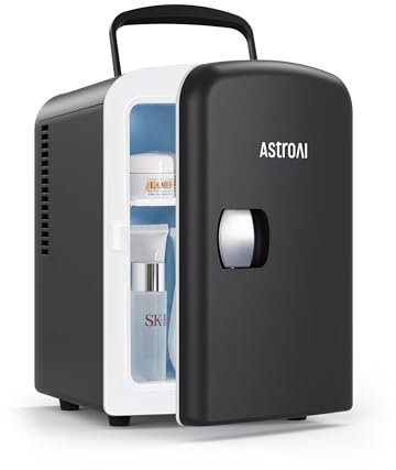 STREAMVOY 4L Mini Fridge - Portable Cooler for Bedroom/Office, Dual Power Supply (AC/DC), Holds 8 Cans, Compact 24x17.5x25.5cm, Perfect for Drinks & Skincare (Black)