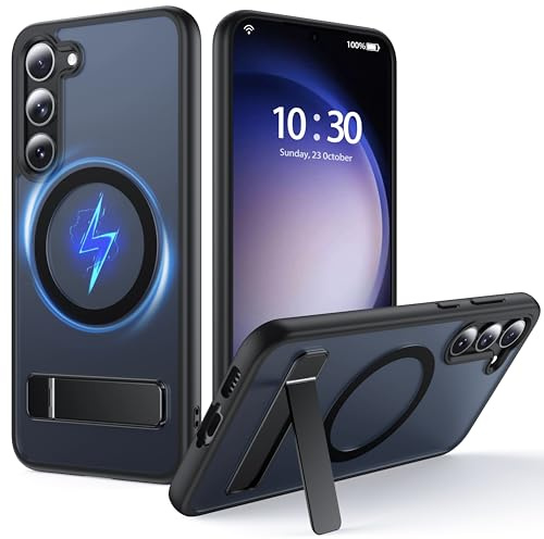 FNDMIL für Samsung Galaxy S23 Plus Hülle mit MagSafe | [Klapp Ständer] [Laden Beim Stehen] [Militär Stoßfest] Durchscheinend Matt Silikon für Galaxy S23 Plus Case Slim, Schwarz