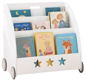 Relaxdays Bücherregal Kinder, HBT: 57 x 62 x 42 cm, fahrbar, 3 Fächer für Bücher, Spielzeug, Kinderbücherregal, weiß