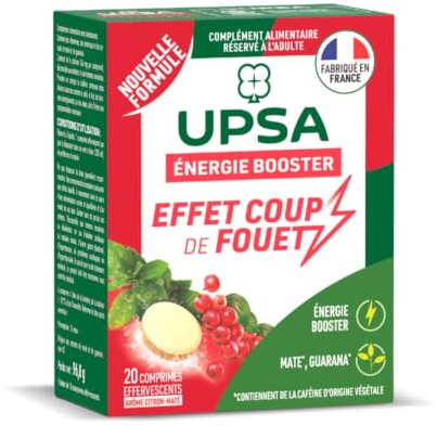 UPSA Complément Alimentaire Énergie Booster - 20 Comprimés Effervescents | Maté, Guarana - Effet Coup de Fouet - 3 Vitamines & 2 Minéraux - Goût Citron-Maté - Fabriqué en France