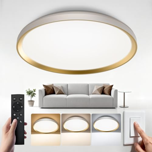 WARMELLE LED Deckenleuchte,70W 9700LM Deckenlampe Dimmbar & Timer mit Fernbedienung,3000K/4000K/6500K per Wandschalter Steuerbar,CRI80+ Flimmerfrei,Ø48cm in Gold,Lampe für Wohnzimmer,Büro